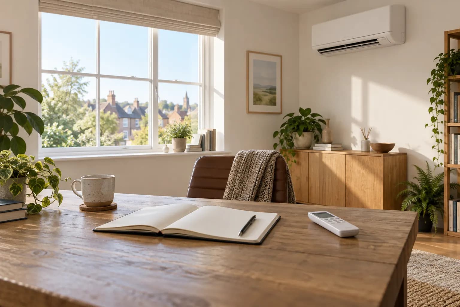 Illustrative home workspace with AC controls and a notebook