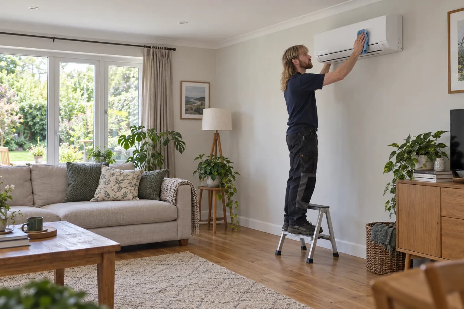 Illustrative scene of Max inspecting a clearly visible wall-mounted air conditioner