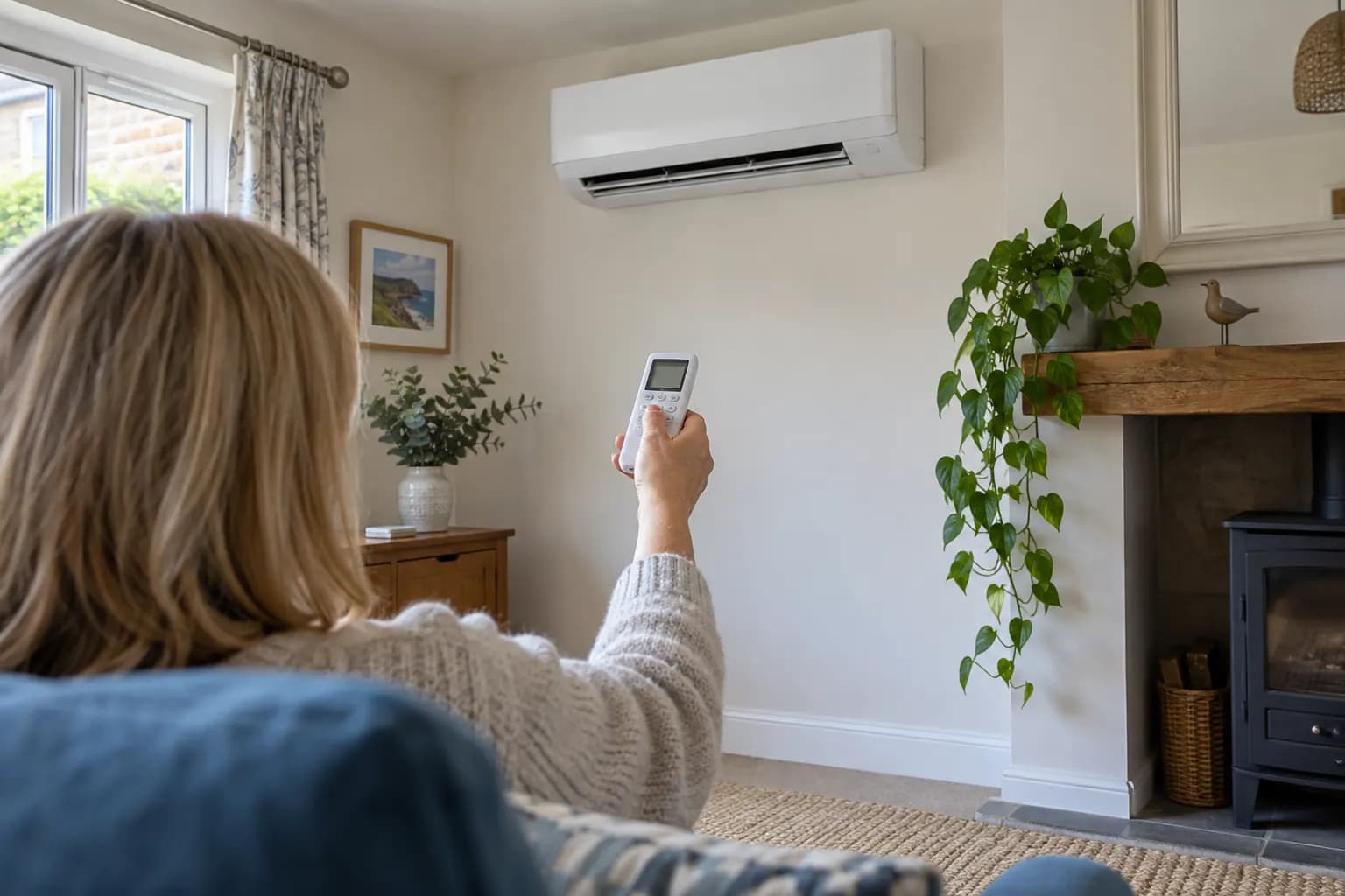 Illustrative homeowner checking the air-conditioning controls after installation