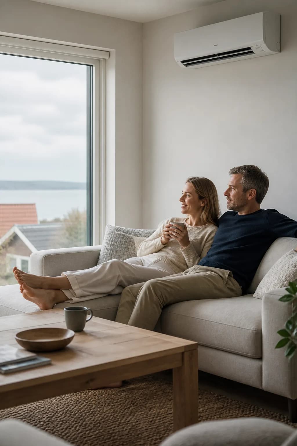 Dorset couple relaxing beneath a quiet wall-mounted air conditioner