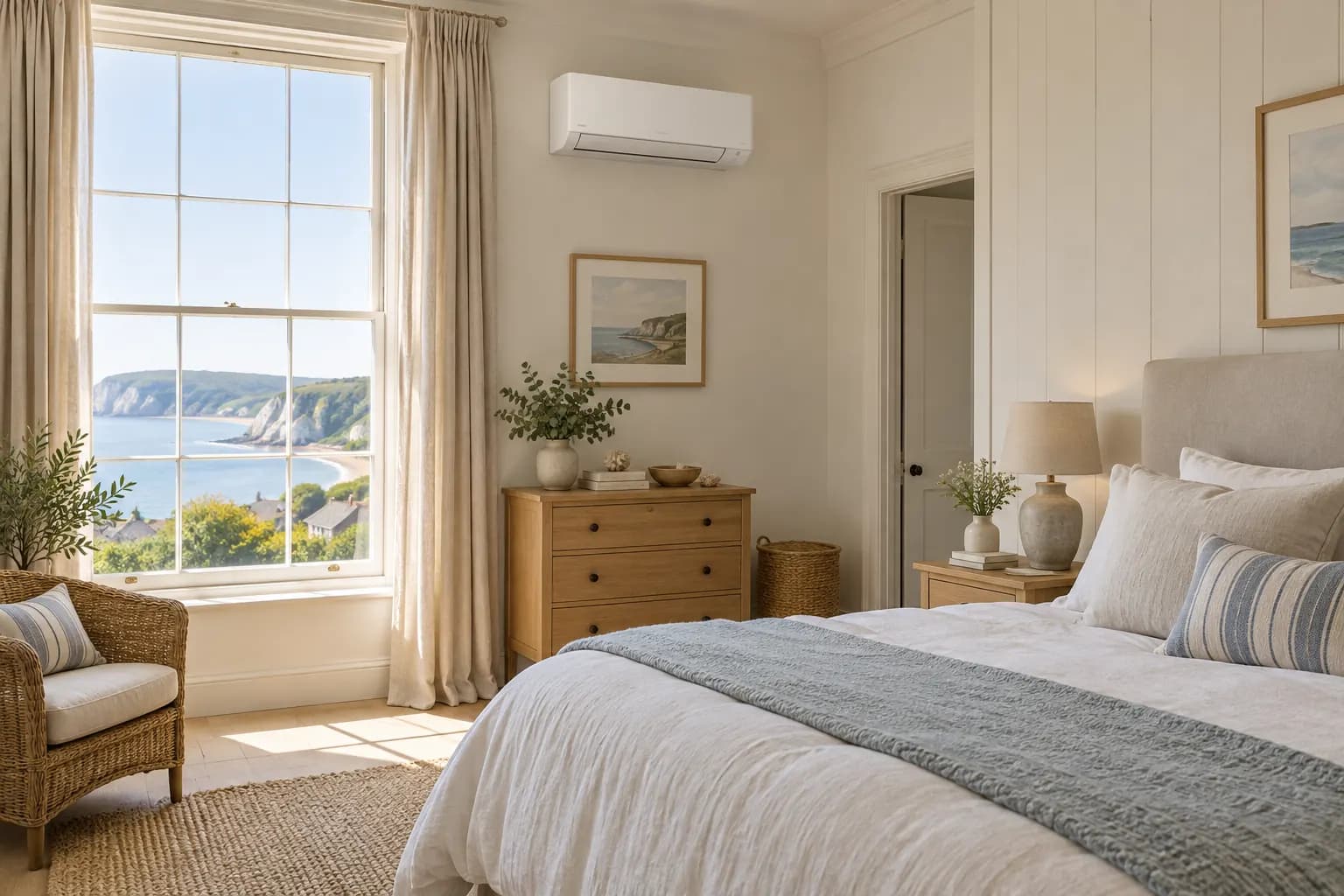 Wall-mounted air conditioner offset from the bed in a bright bedroom