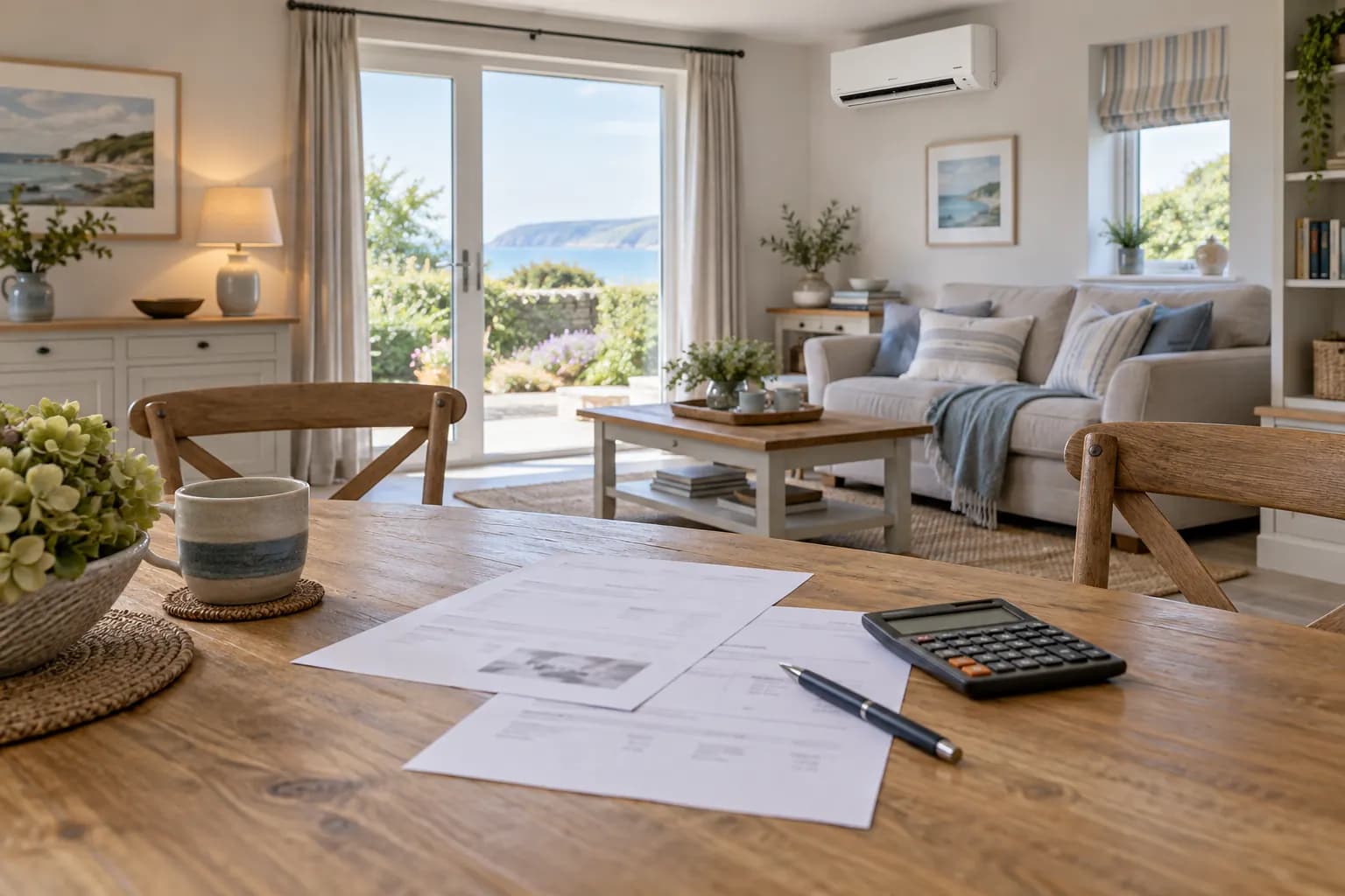 Quotation sheets and calculator with an air-conditioned living room beyond