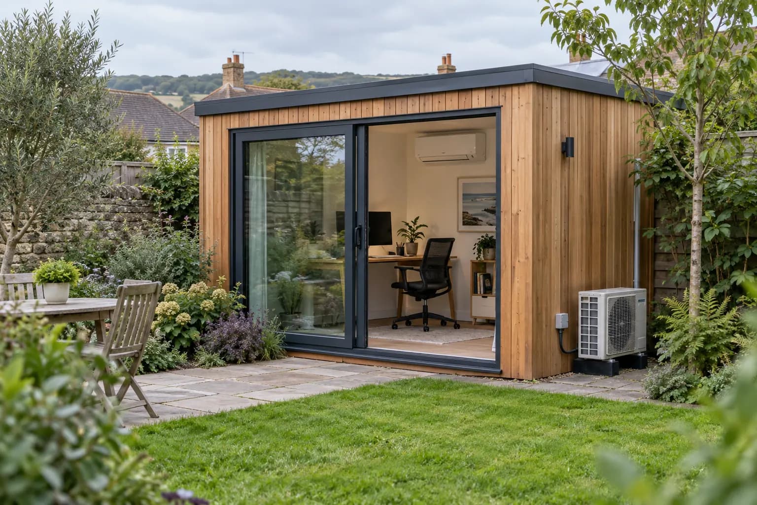 Garden office with an indoor air conditioner and outdoor condenser