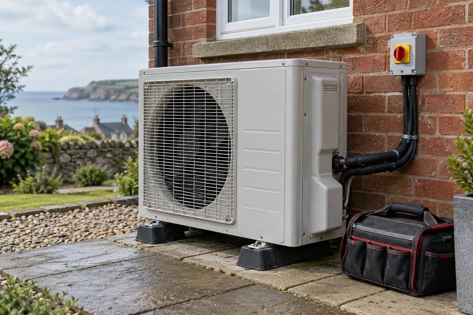 Outdoor air-conditioning condenser beside a brick house